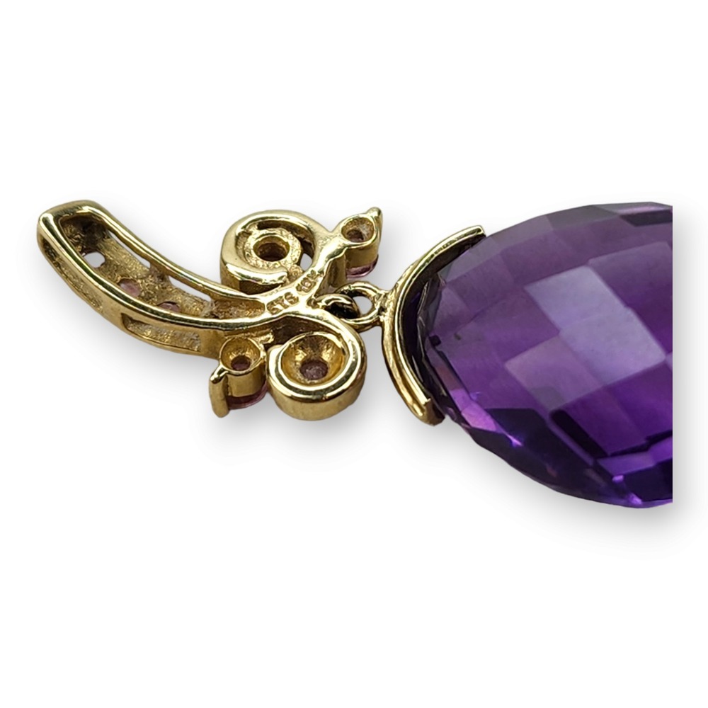 Pendant 10KT Yellow Gold Amethyst Pink Tourmaline Vintage Large Faceted Purple‎ - Picture 8 of 11